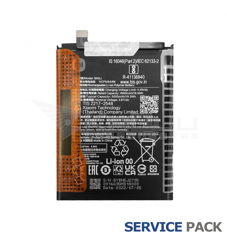 Batería BN5J 5000mAh Xiaomi Poco X5 5G 22111317PG, Redmi Note 12 5G 46020000F41Y Service Pack