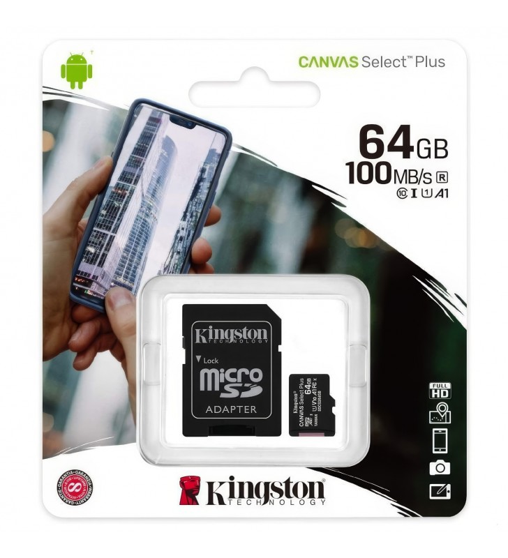 Tarjeta Memoria Kingston Canvas Select Plus 64GB microSD Clase 10 100MBs