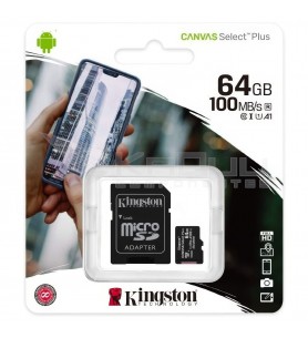 Tarjeta Memoria Kingston Canvas Select Plus 64GB microSD Clase 10 100MBs