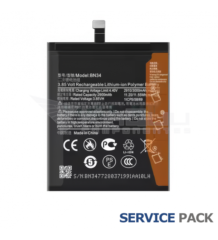 Batería BN34 3000mAh Xiaomi Redmi 5A MCG3B, Redmi Go M1903C3GG 46BN34W02093 Service Pack