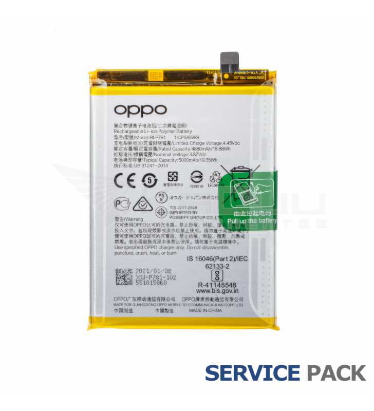Batería BLP781 5000mAh Oppo A52 PDAM10, A72 CPH2067, A92 CPH2059 4904076 Service Pack