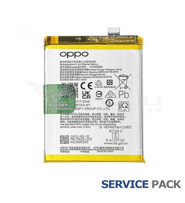 Batería BLP839 4310mAh Oppo A94 5G CPH2211, F19 Pro+ 5G CPH2213, Reno6 Z CPH2237, Reno5 Z 4906422 Service Pack