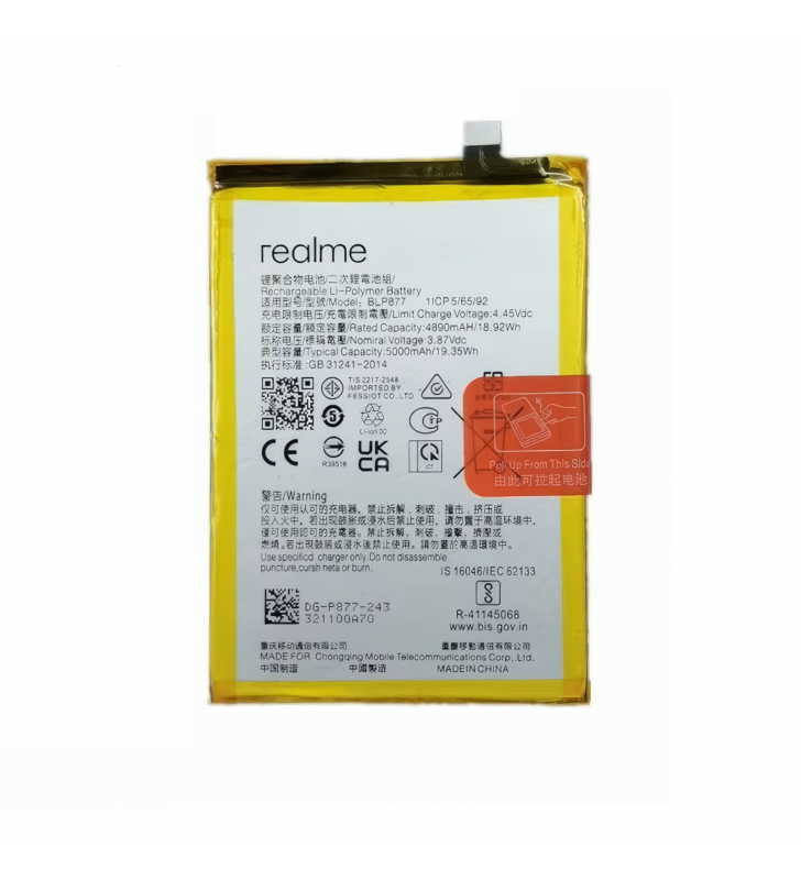 Batería BLP877 5000mAh Realme C33 2023 RMX3627, 10T, V30, 12X RMX3997, Note 50 RMX3834 4908413 4909650 621035000082 Service Pack